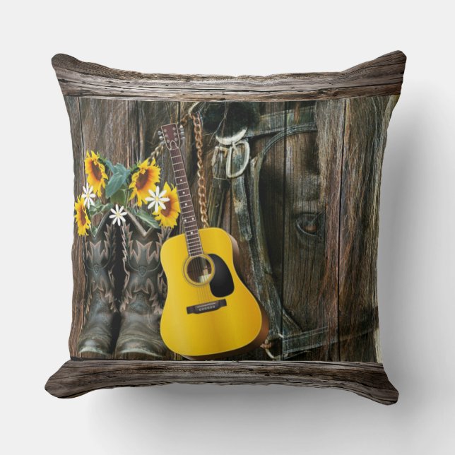 Western Horse Cowboy boots Guitar Sunflowers Throw Cushion (Front)