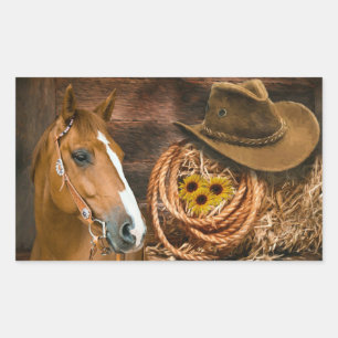 Western Horse Cowboy Hat Lasso Rustic Barn Board Rectangular Sticker