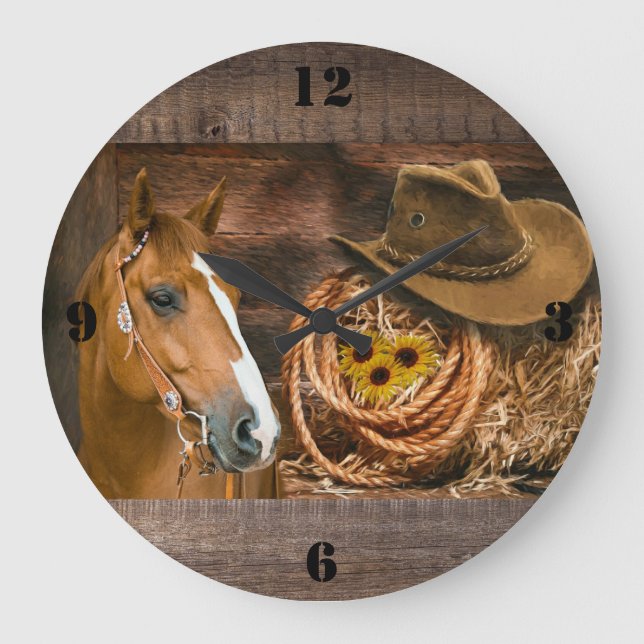 Western Horse Cowboy Hat Lasso Sunflowers  Large Clock (Front)