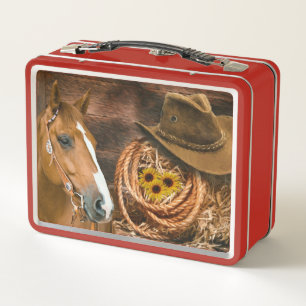 Western Horse Cowboy Hat Lasso Sunflowers Metal Lunch Box
