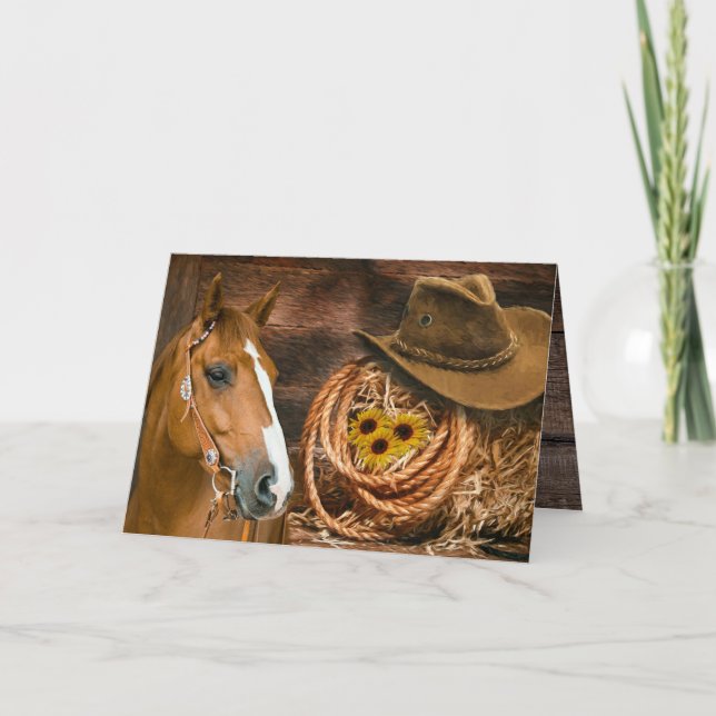 Western Horse Cowboy Hat Lasso Sunflowers  Thank Y Thank You Card (Front)