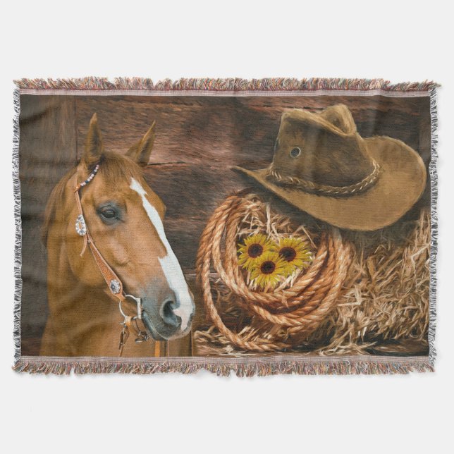 Western Horse Cowboy Hat Lasso Sunflowers  Throw Blanket (Front)