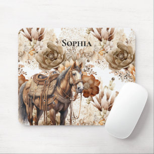 Western Horse Cream Brown Floral Mouse Mat