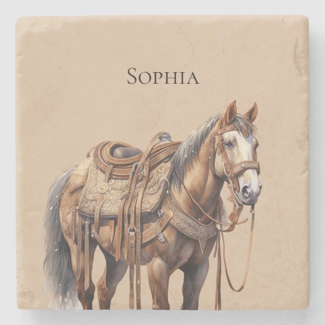 Western Horse Cream Brown  Stone Coaster (Front)
