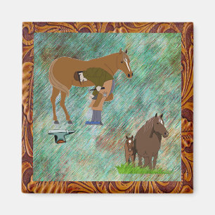 Western Horse Farrier With Horses Magnet