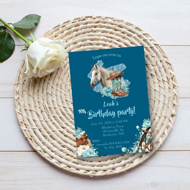 Western Horse Floral Birthday Invitation – Navy (Creator Uploaded)