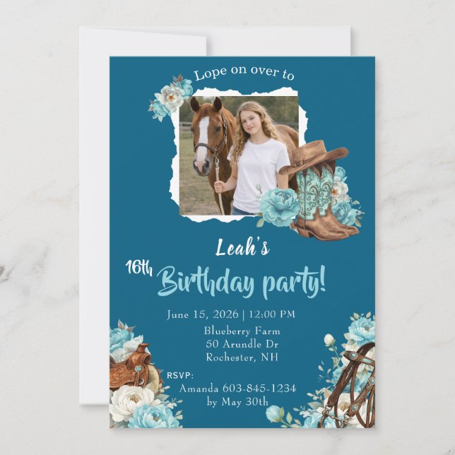 Western Horse Floral Birthday Invitation – Navy