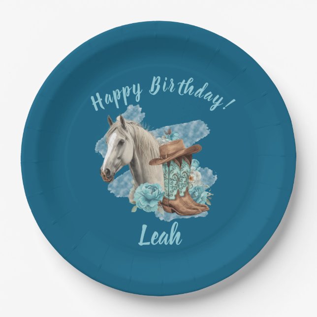 Western Horse Floral Equestrian- Navy Paper Plate (Front)