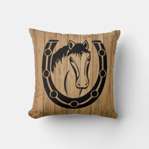 Western Horse Horseshoe Brown Wood Equestrian Cushion