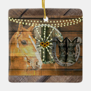 Western Horse Horseshoe Wagon Wheel Cowboy Boots Ceramic Ornament