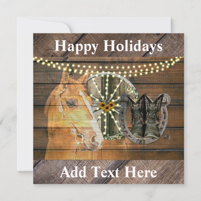 Western Horse Horseshoe Wagon Wheel Cowboy Boots Holiday Card (Front)