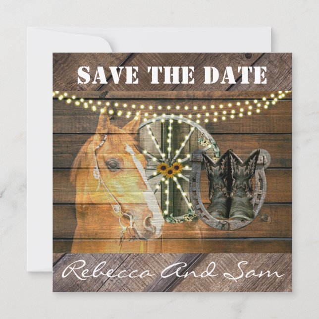 Western Horse Horseshoe Wagon Wheel Cowboy Boots Save The Date (Front)