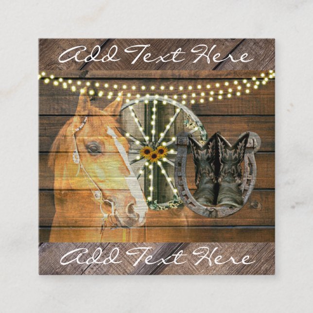 Western Horse Horseshoe Wagon Wheel Cowboy Boots Square Business Card (Front)