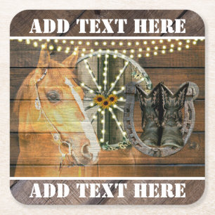 Western Horse Horseshoe Wagon Wheel Cowboy Boots Square Paper Coaster