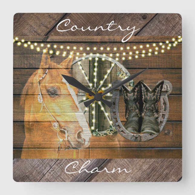 Western Horse Horseshoe Wagon Wheel Cowboy Boots Square Wall Clock (Front)