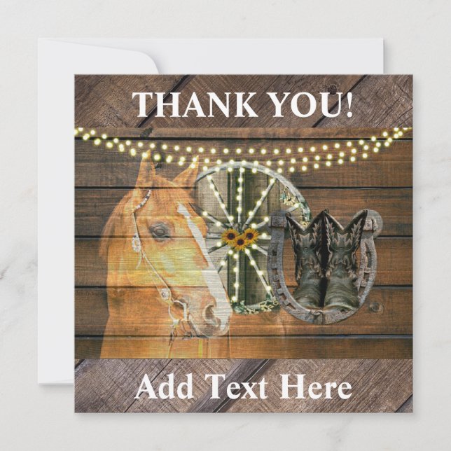Western Horse Horseshoe Wagon Wheel Cowboy Boots Thank You Card (Front)