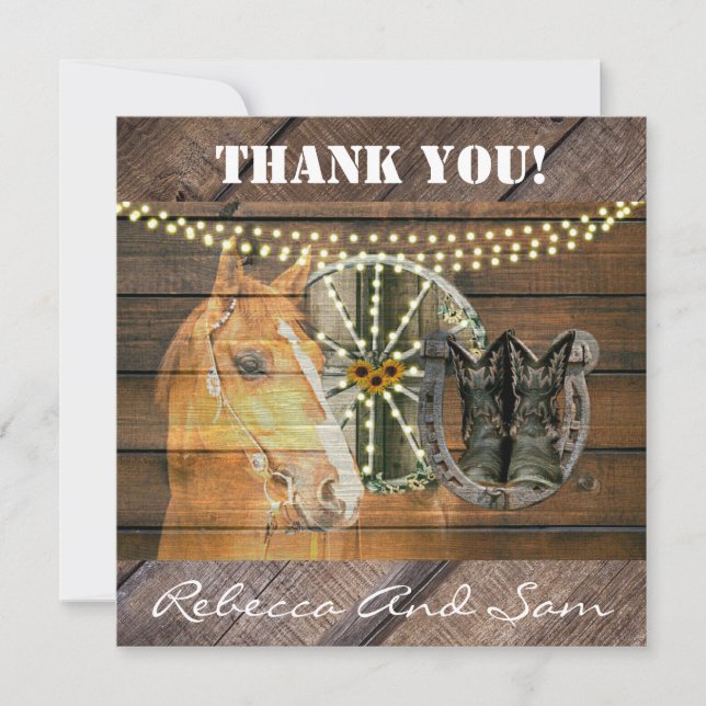 Western Horse Horseshoe Wagon Wheel Cowboy Boots Thank You Card (Front)