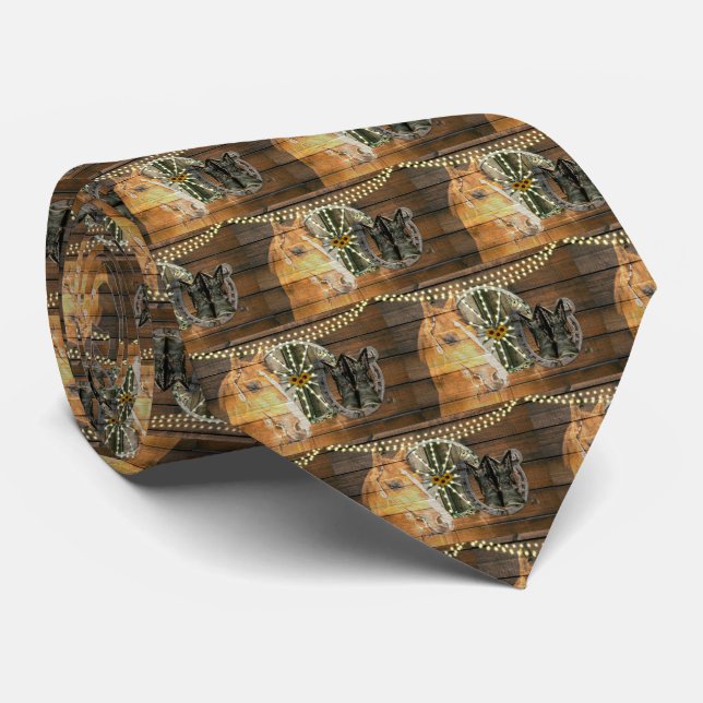 Western Horse Horseshoe Wagon Wheel Cowboy Boots Tie (Rolled)