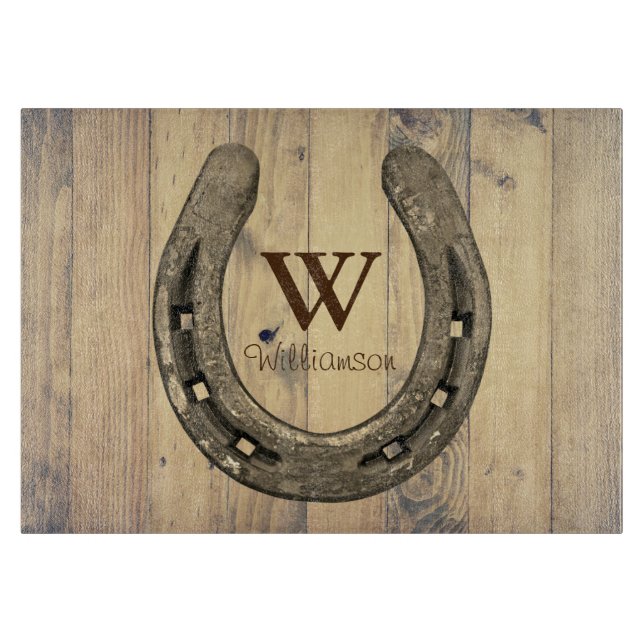 Western Horse Ranch Horseshoe & Barn Wood Planks Cutting Board (Front)