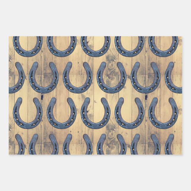Western Horse Ranch Horseshoe & Barn Wood Planks Wrapping Paper Sheet (Front)