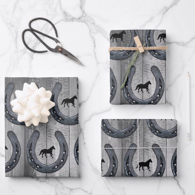 Western Horse Ranch Horseshoe & Grey Wood Planks Wrapping Paper Sheet (Front)