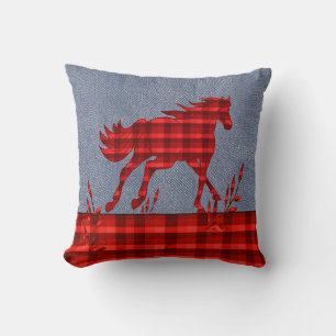 Western  Horse Red  Plaid Faux Denim Cushion