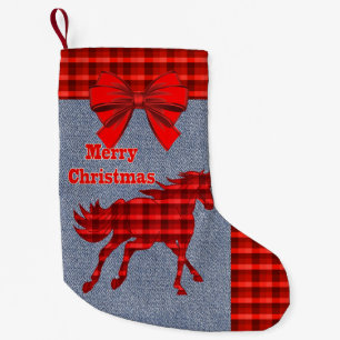 Western Horse Red Plaid Faux Denim Small Christmas Stocking