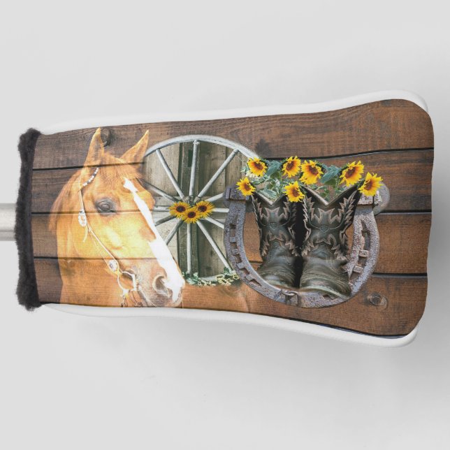 Western Horse Wagon Wheel Horseshoe Cowboy Boots Golf Head Cover (Front)