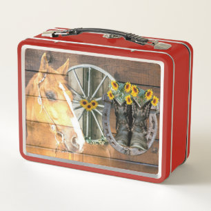 Western Horse Wagon Wheel Horseshoe Cowboy Boots Metal Lunch Box