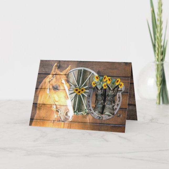 Western Horse Wagon Wheel Horseshoe Cowboy Boots N Note Card (Front)