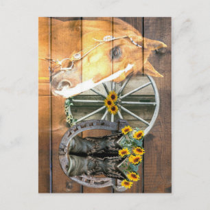 Western Horse Wagon Wheel Horseshoe Cowboy Boots Postcard