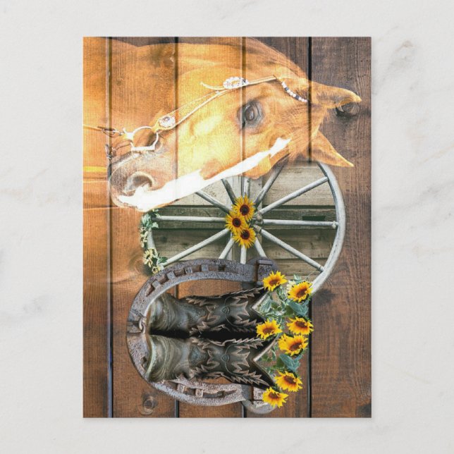 Western Horse Wagon Wheel Horseshoe Cowboy Boots Postcard (Front)