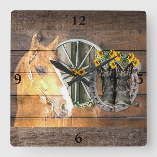 Western Horse Wagon Wheel Horseshoe Cowboy Boots Square Wall Clock (Front)