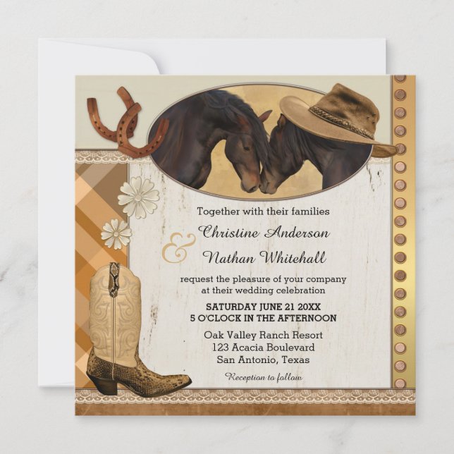 Western Horses Plaid Wedding Invitation (Front)