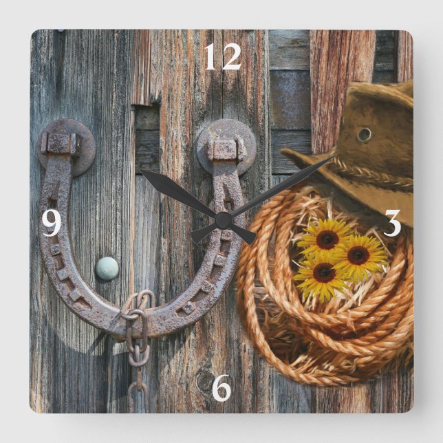Western Horseshoe Cowboy Hat Lasso Square Wall Clo Square Wall Clock (Front)