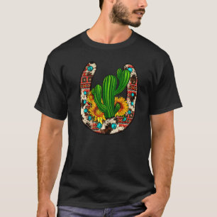Western Horseshoe With Cactus And Sunflower Serape T-Shirt
