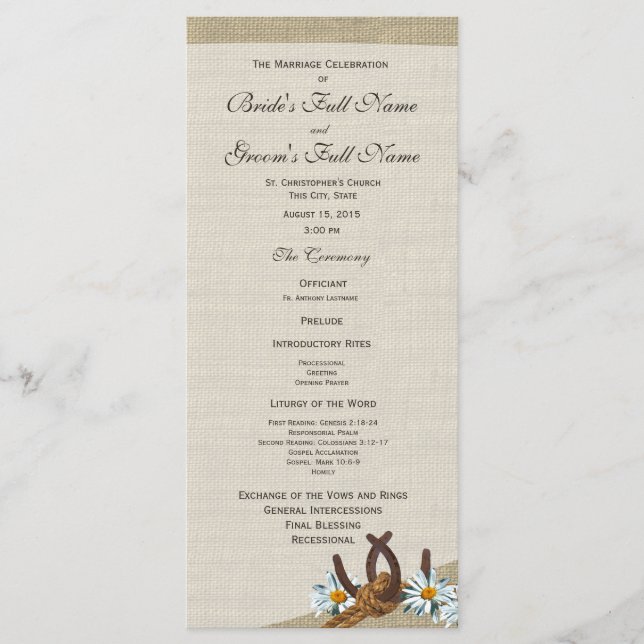 Western Horseshoes and Daisy Wedding Program Programme (Front)