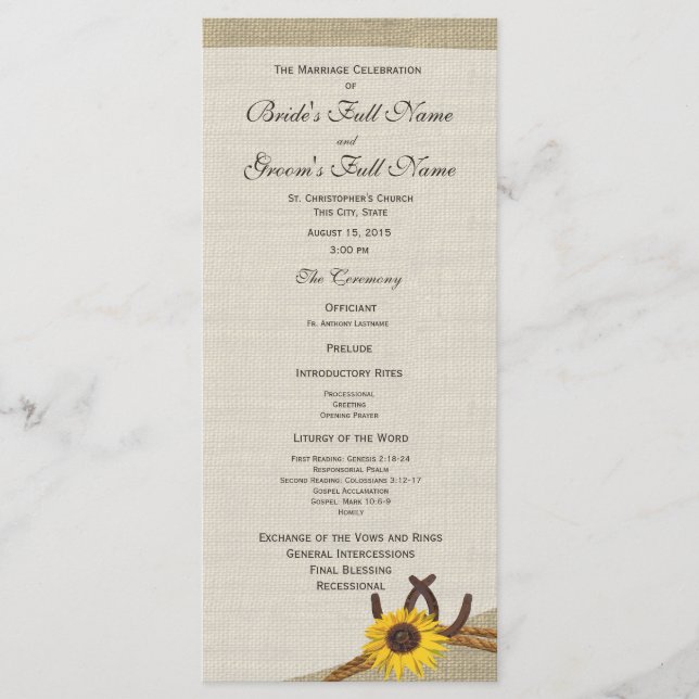 Western Horseshoes and Sunflower Wedding Program Programme (Front)