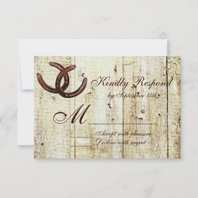 Western Horseshoes Barn Wood Wedding RSVP Cards (Front)