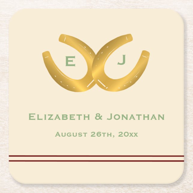 Western Horseshoes Wedding Square Paper Coaster (Front)