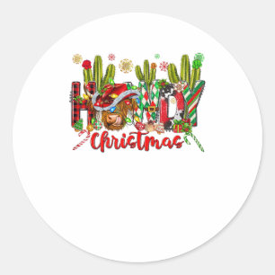 Western Howdy Christmas Cow Cowboy Hat And Cactus Classic Round Sticker