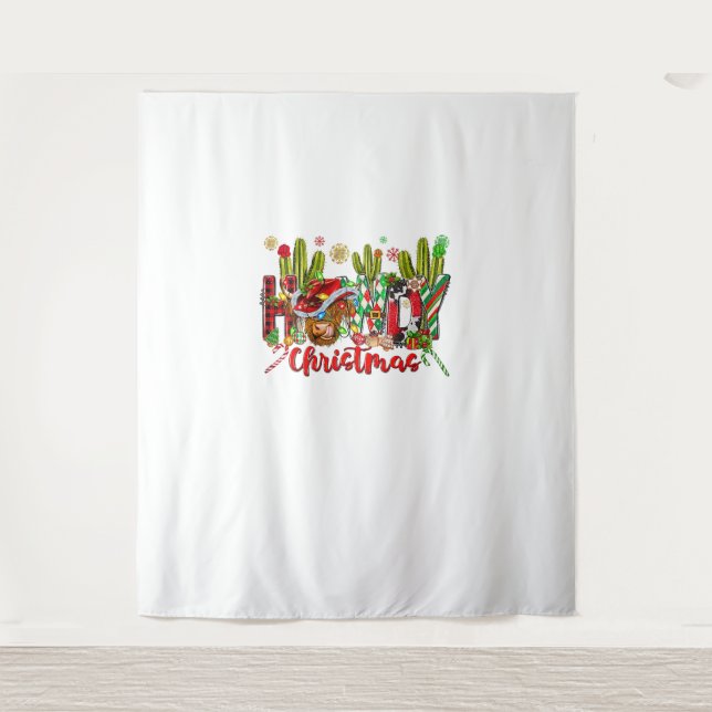 Western Howdy Christmas Cow Cowboy Hat And Cactus  Tapestry (Front)