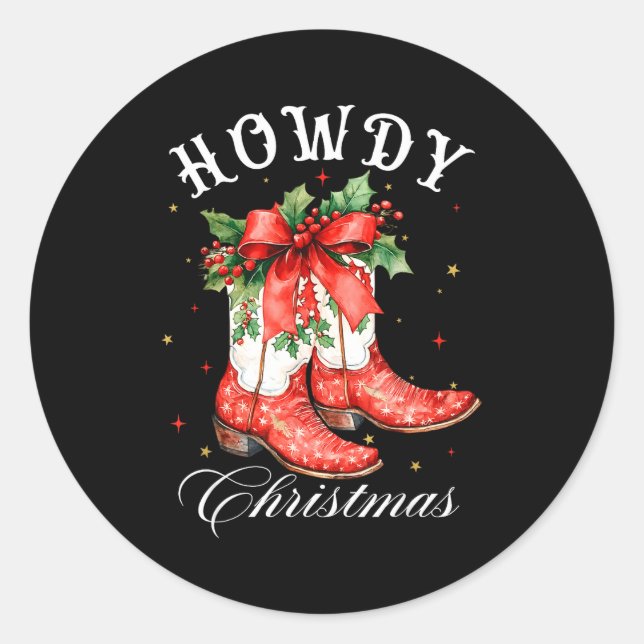 Western Howdy Christmas Cowgirl Boot Coquette Bow  Classic Round Sticker (Front)