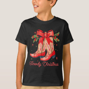Western Howdy Christmas Cowgirl Boot Coquette Bow T-Shirt