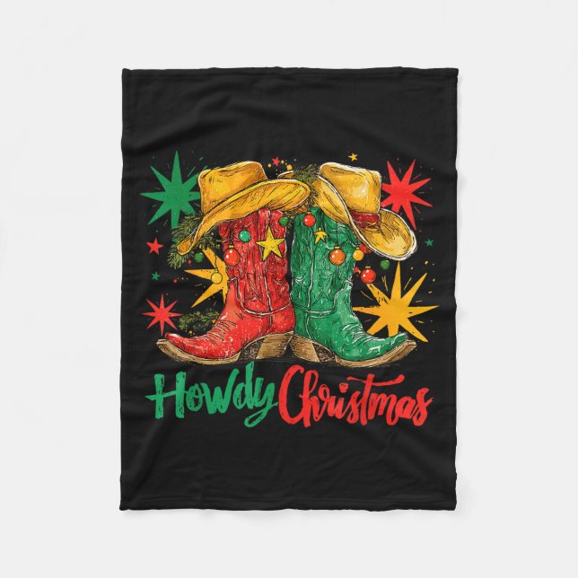 Western Howdy Christmas Cowgirl Boot Hat Christmas Fleece Blanket (Front)