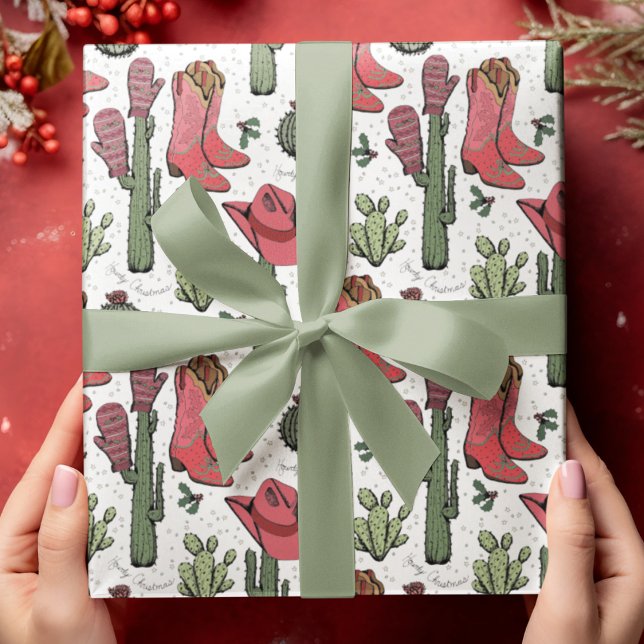 Western Howdy Christmas Cowgirl Wrapping Paper (Hand-Drawn Western "Howdy Christmas" Pattern. Cowboy Boots, Hats, Cactus, Holly Berries & Stars.)