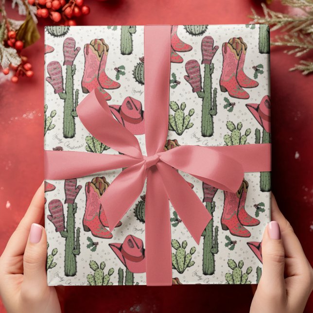 Western Howdy Christmas Cowgirl Wrapping Paper (Hand-Drawn Western "Howdy Christmas" Pattern. Cowboy Boots, Hats, Cactus, Holly Berries & Stars.)