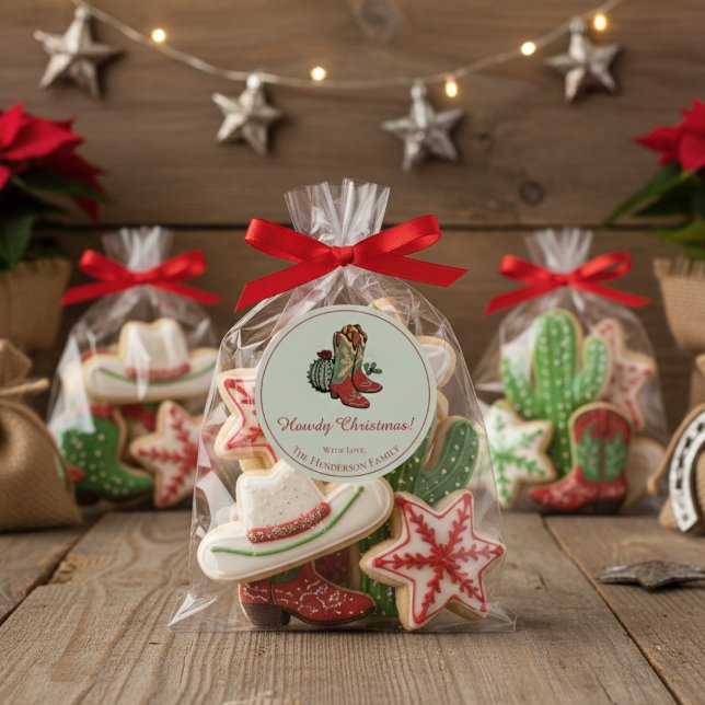 Western Howdy Christmas Red Cowgirl Boots Classic Round Sticker (Cute Howdy Christmas Round Southwest Holiday Sticker. Rustic Western Boots, Cactus & Red Holly Berry)