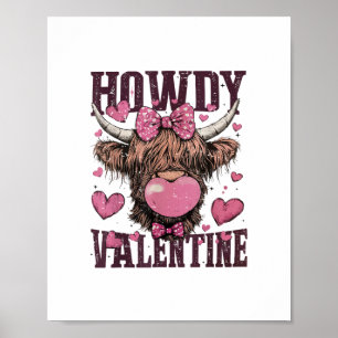 Western Howdy Valentine Funny Highland Cow Valenti Poster