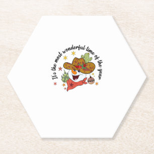 Western Its The Most Wonderful Time Cowboy Snowman Paper Coaster